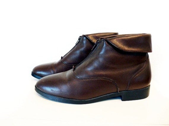 SALE Vintage 80s Granny Boots Brown Leather Prima Royale Cuff Zip up Size 8.5