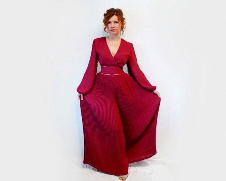 SALE 1960s Miss Elliette Chiffon Jumpsuit Dress Designer Couture Pleated Prom Party Dress, High Fashion Cocktail Burgundy Rose