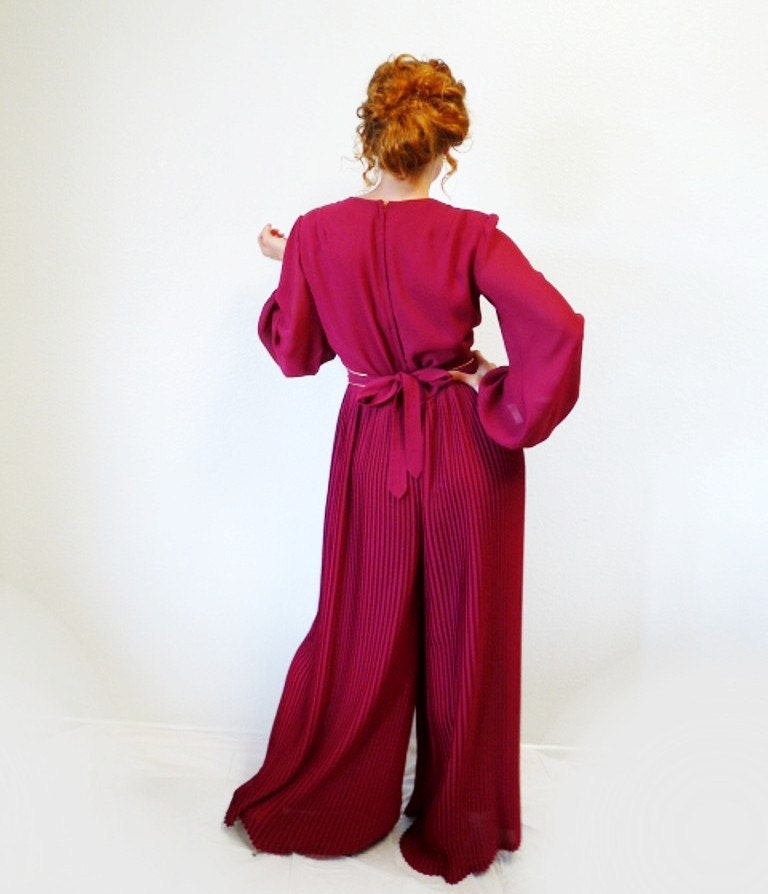 SALE 1960s Miss Elliette Chiffon Jumpsuit Dress Designer Couture Pleated Prom Party Dress, High Fashion Cocktail Burgundy Rose