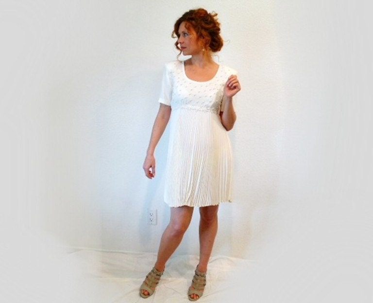 SALE Vintage Mini Dress White Pearls Accordion Pleats WILD ROSE Wedding Formal Cocktail Party Gown