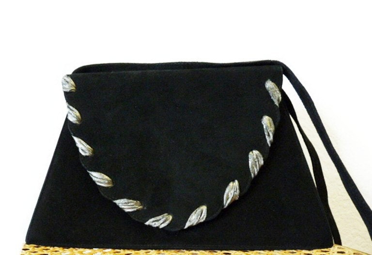 SALE Vintage 60s  Black Suede Leather Handbag NINA Trapezoid. Evening Bag. Cross Body Purse.