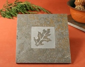 Slate Trivet \/ Hot Plate - Oak Leaf Sandcarved on Copper Slate
