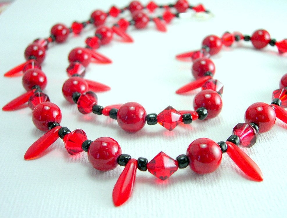 Sterling Silver, Silver Necklace, Handmade, Wire Wrapped, Red Gemstones, Swarovski Crystals, Black Beads, Red and Black