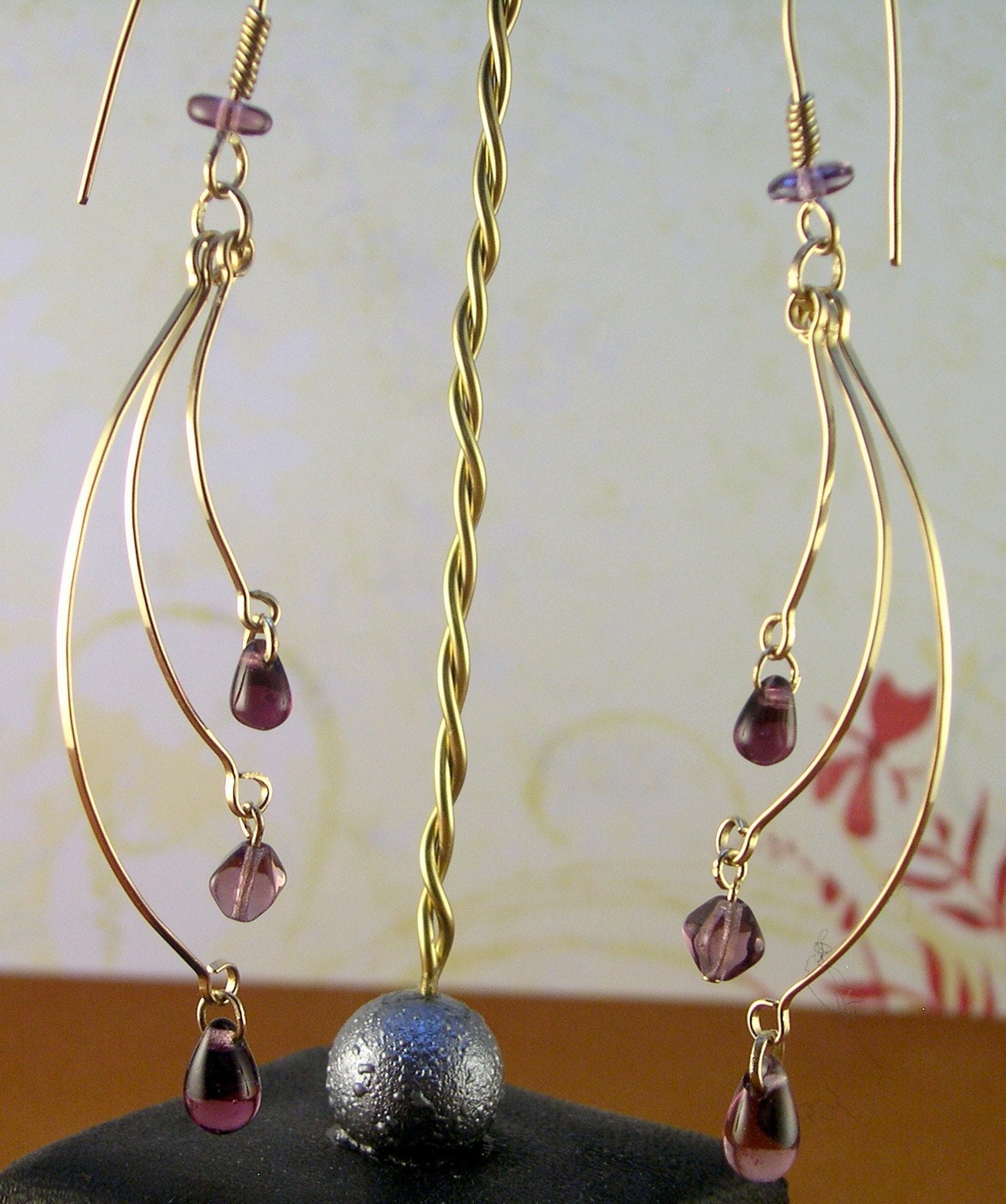 Earrings Gold Filled, Hammered, Wire Wrapped, Curved Design, 3 Tiered, Dangle Earrings, Handmade, Custom Earwires, Purple Beads