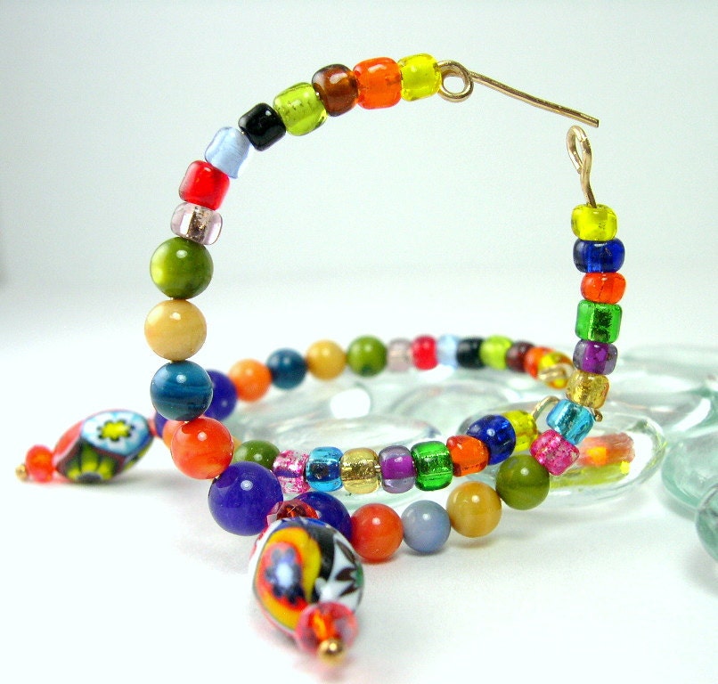Earrings Gold Fill, Gold Fill Hoops, Wire Wrapped, Handmade Earrings, Multi Colored Beads, Chevron Bead