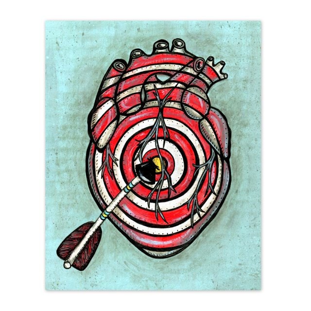 BOGO SALE - Red and White Bullseye Target Anatomical Heart with Striped Arrow and Sky Blue Background  - 8x10 Print