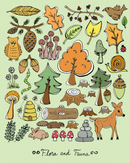 BOGO SALE - Green Orange Brown Yellow Woodland  8 x 10 Art Print - Woodland Flora Fauna - Animals, Trees, Leaves, Mushrooms Kids Decor