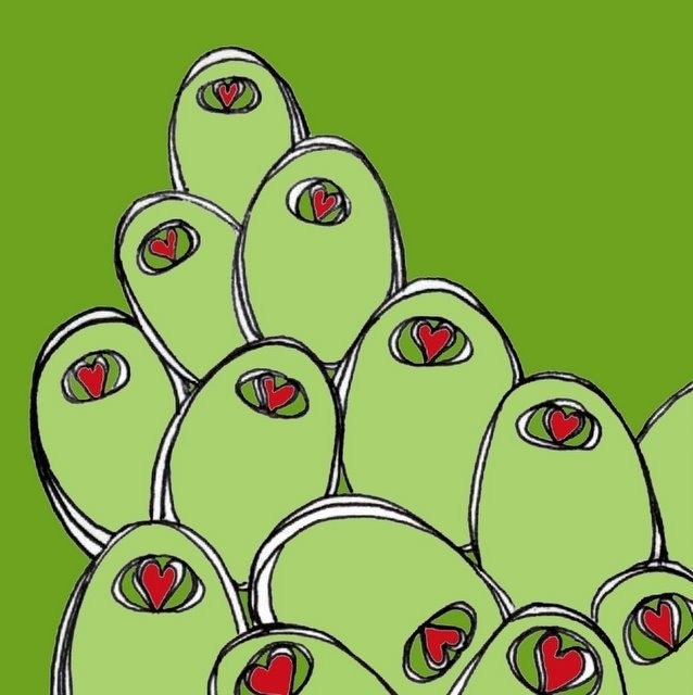 BOGO SALE - Green Olives with Red Heart Pimentos - 5x7 Ilustration Wall Art Print - Olive You