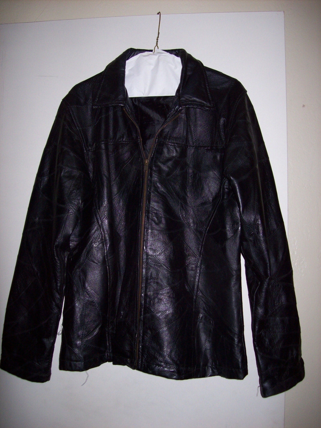 Vintage Black Leather Patchwork Fall Winter Coat Jacket Outerwear X-Large Excellent Condition