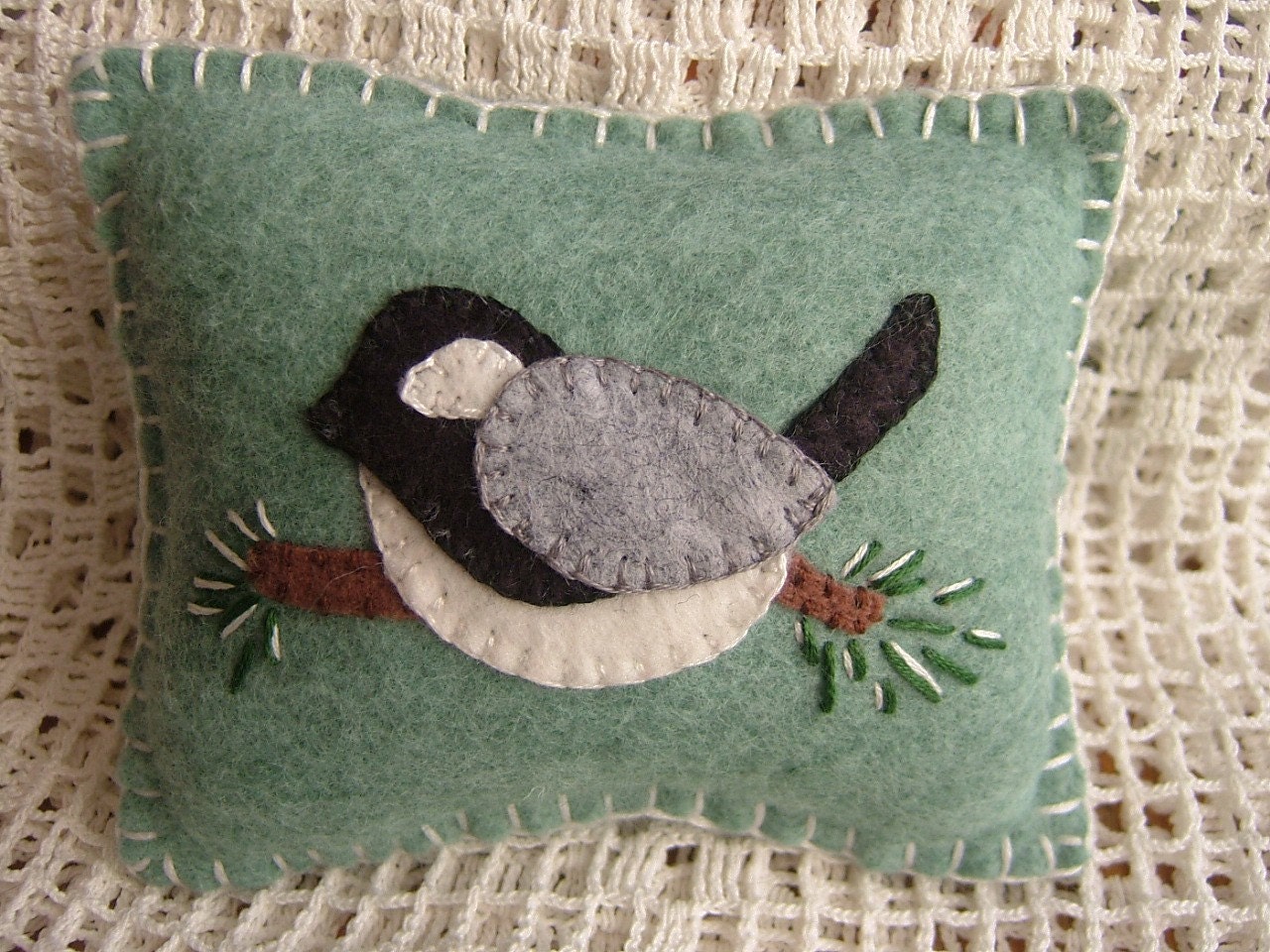Winter Chickadee - Penny Rug Pillow Pincushion with FREE SHIPPING