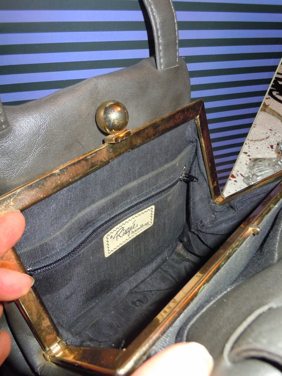 VINTAGE Hot Rod ROCKABILLY Kustom Pinstriped 1960s Purse Gray with Lavender