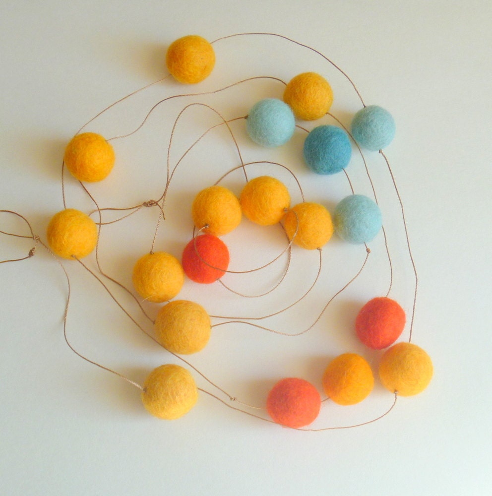 Sunny Skies Felt Ball Garland -- yellow, orange, blue   -- about  6.5  ft long, 19 felt balls