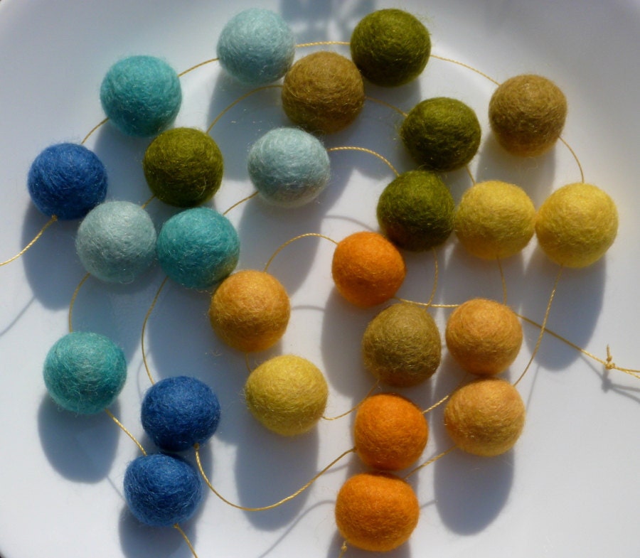 Tuscany Garland - felt ball garland in blues, yellows -  about 3.5 feet long, 25 felt balls - summer cottage decor