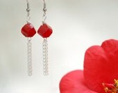 Bright Red Berry earrings Czech glass large cut chain