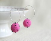 Hoop felted wool earrings - purple pink  fuchsia fiber - black beads christmas gifts for her under 15