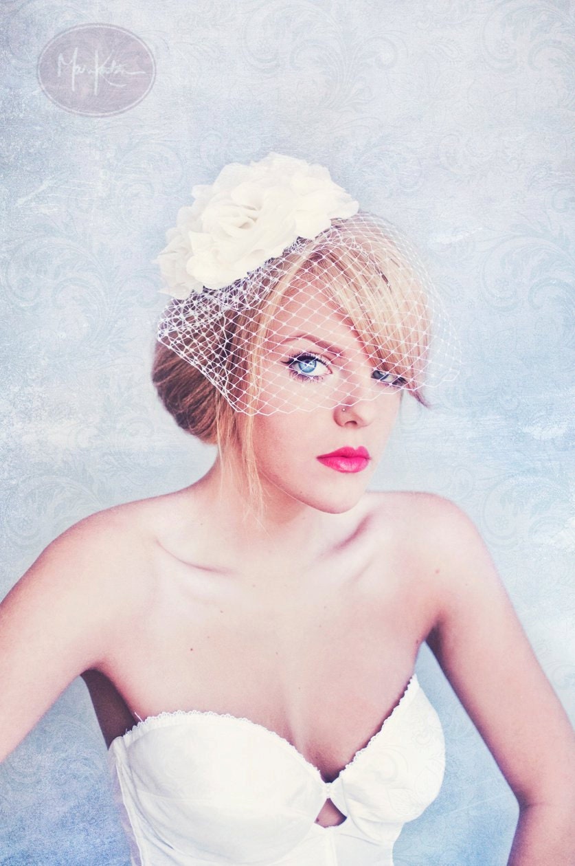 Bridal White Chiffon  Flower with birdcage veil -Headpiece