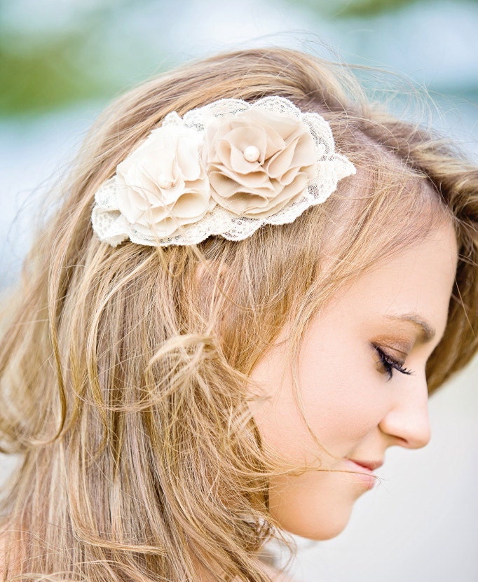 Ivory and tan Flower Headpiece - Wedding Accessory