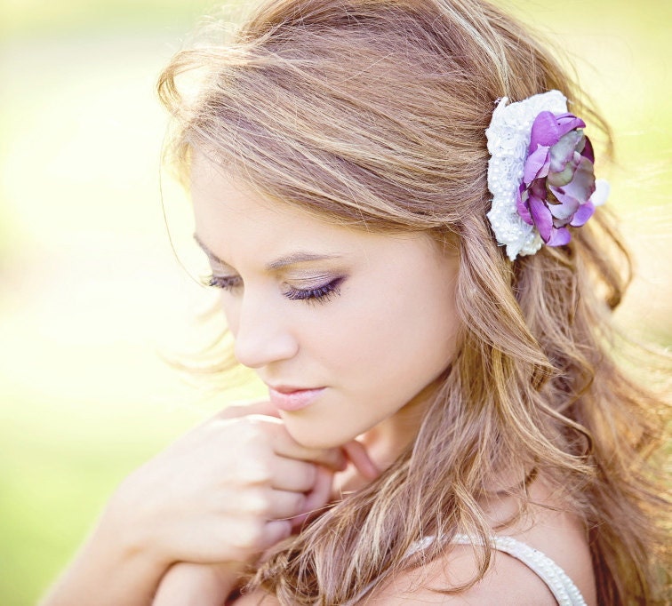 ivory lace  and purple flower - bridal hair fascinator
