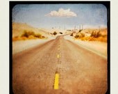 Route 66 Photography - Retro Wall Art -  What LIes Ahead - whimsical, gold, sky blue, clouds