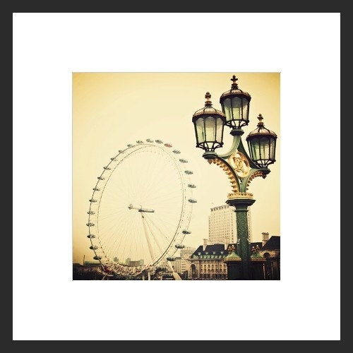 London Travel Photography- Affordable Decor- Perspective- sage and gold toned photograph of the London Eye as seen from Westminster Bridge