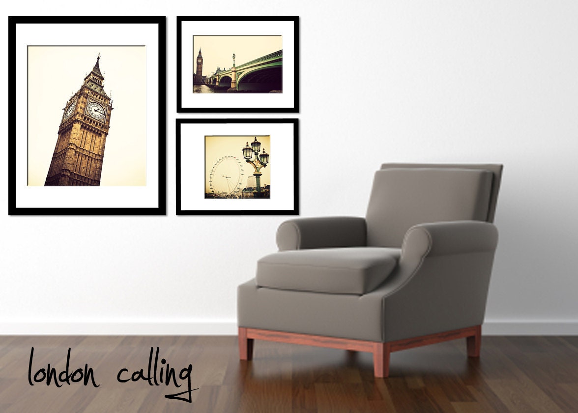 London Travel Photography- Affordable Decor- Perspective- sage and gold toned photograph of the London Eye as seen from Westminster Bridge