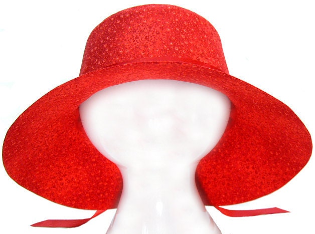 Red Hot - Bright Red Jewel Tone Wide Medium Brim Floppy Sun Garden Hat Dainty Flowers & Vines Floral cotton cloth