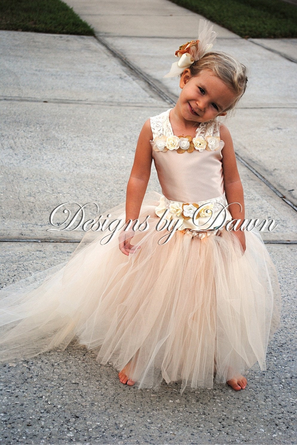 Custom Made Champagne Flowergirl Dress. Corset top, tutu skirt with train and hair clip. Size 12m-5T. Custom sizes and colors available