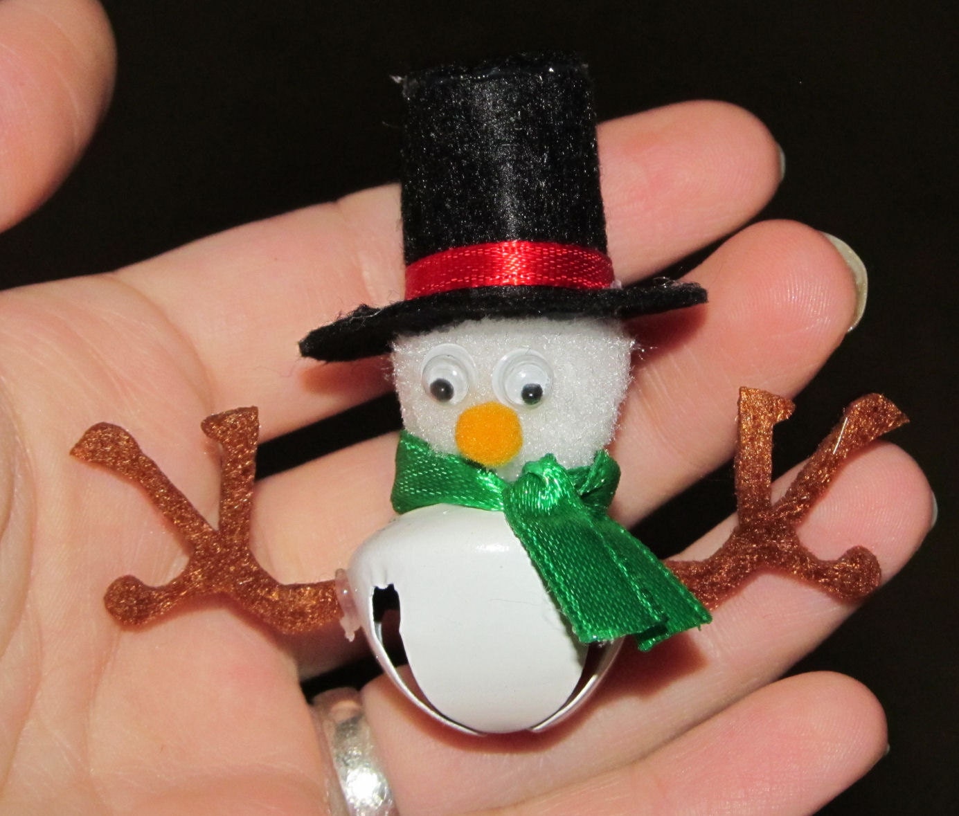 Adorable small Jingle Bell Snowman felt top hat and ribbon scarf Holiday Christmas Ornament