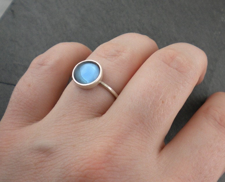 Ocean Blue Ring. Silver Hammered Band. Nautical, Glass, Simple