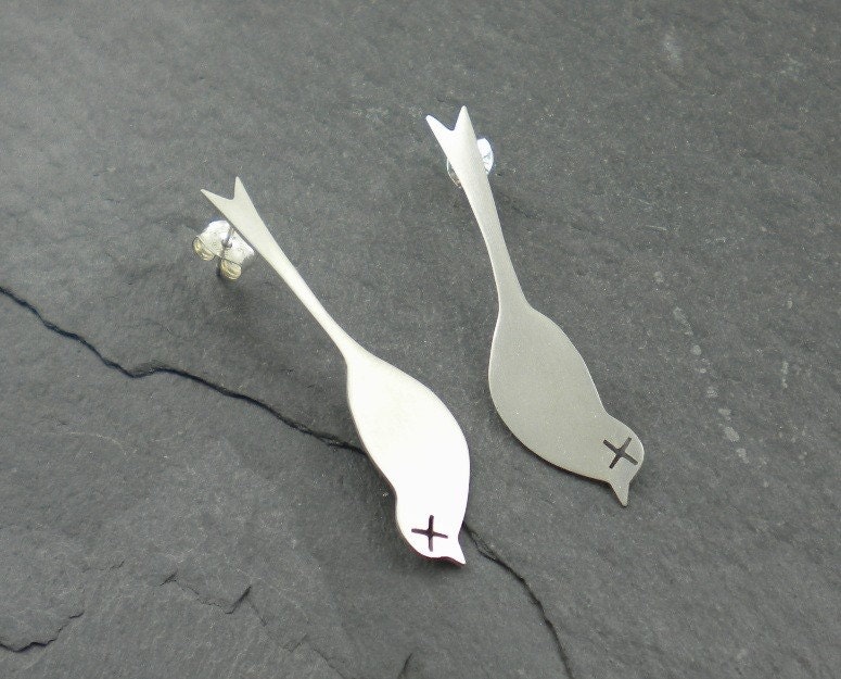 Dead Birds Earrings. Silver Post. Silhouette, Love, Friendship