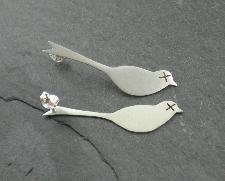Dead Birds Earrings. Silver Post. Silhouette, Love, Friendship