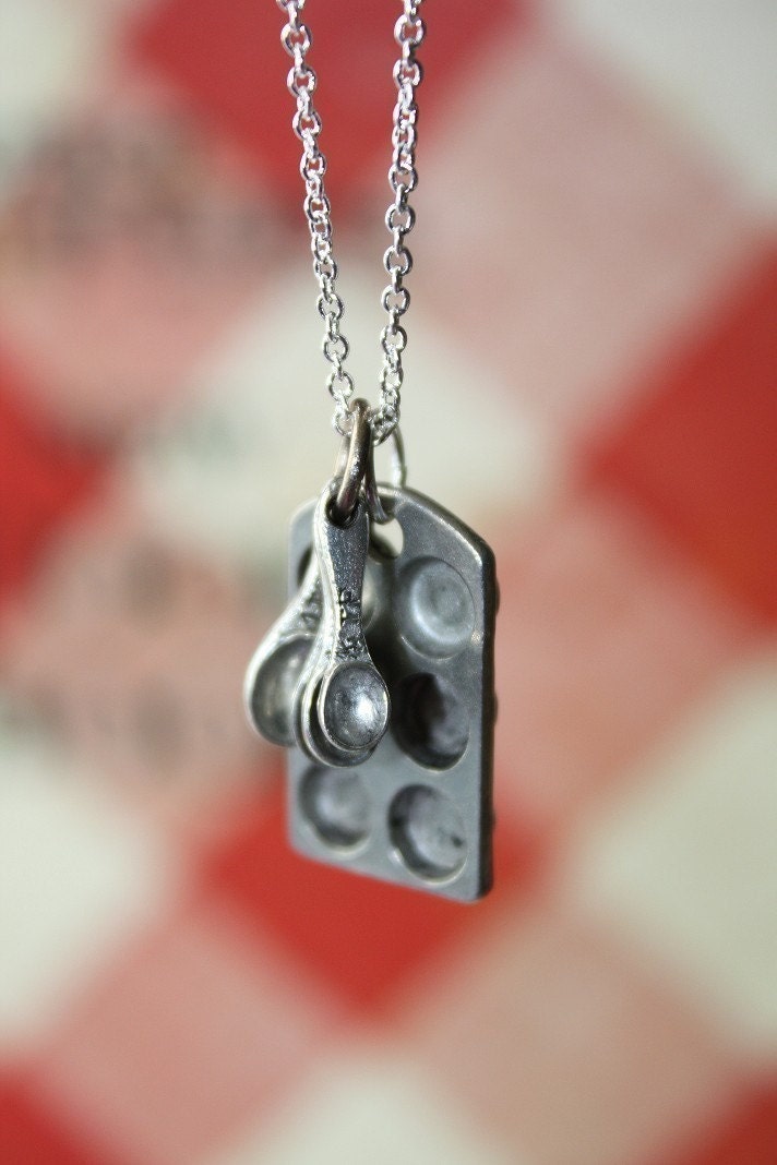 Bakers Love Cupcake Muffin Pan and Tiny Measuring Spoons on a Sterling Silver Chain