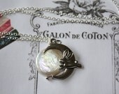 Bunny Rabbit Over The Moon - Coin Pearl on a Sterling Silver Plated Chain Necklace