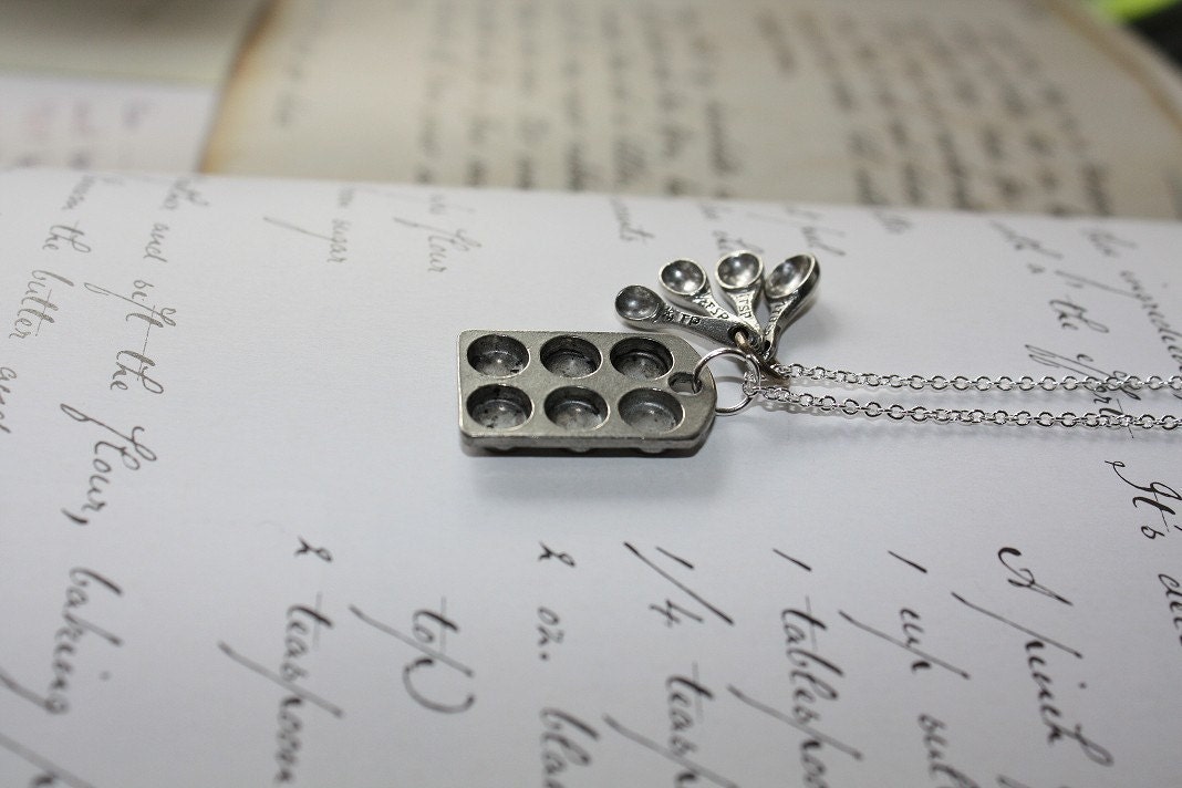 Baking Love Cupcake Muffin Pan and Tiny Measuring Spoons on a Sterling Silver Plated Chain
