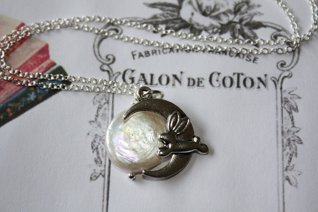 Bunny Rabbit Over The Moon - Coin Pearl on a Sterling Silver Plated Chain Necklace