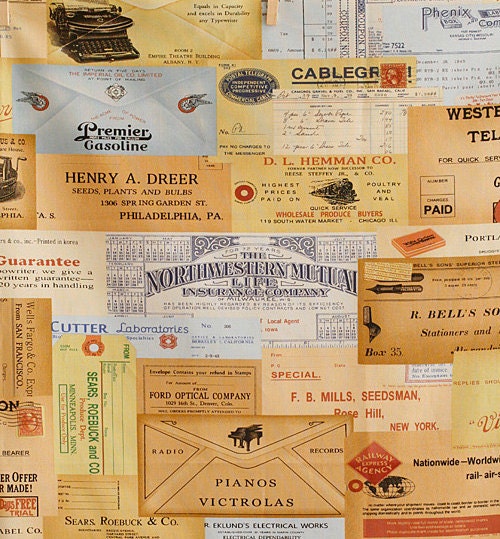 Vintage Style BROWN Illus of Post Stamps on Cotton, U2987