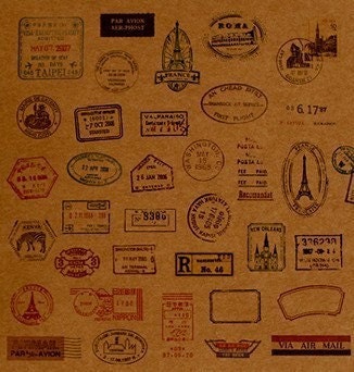 Travel Passport Stamps on Kraft Paper Fabric set of 41, U1240