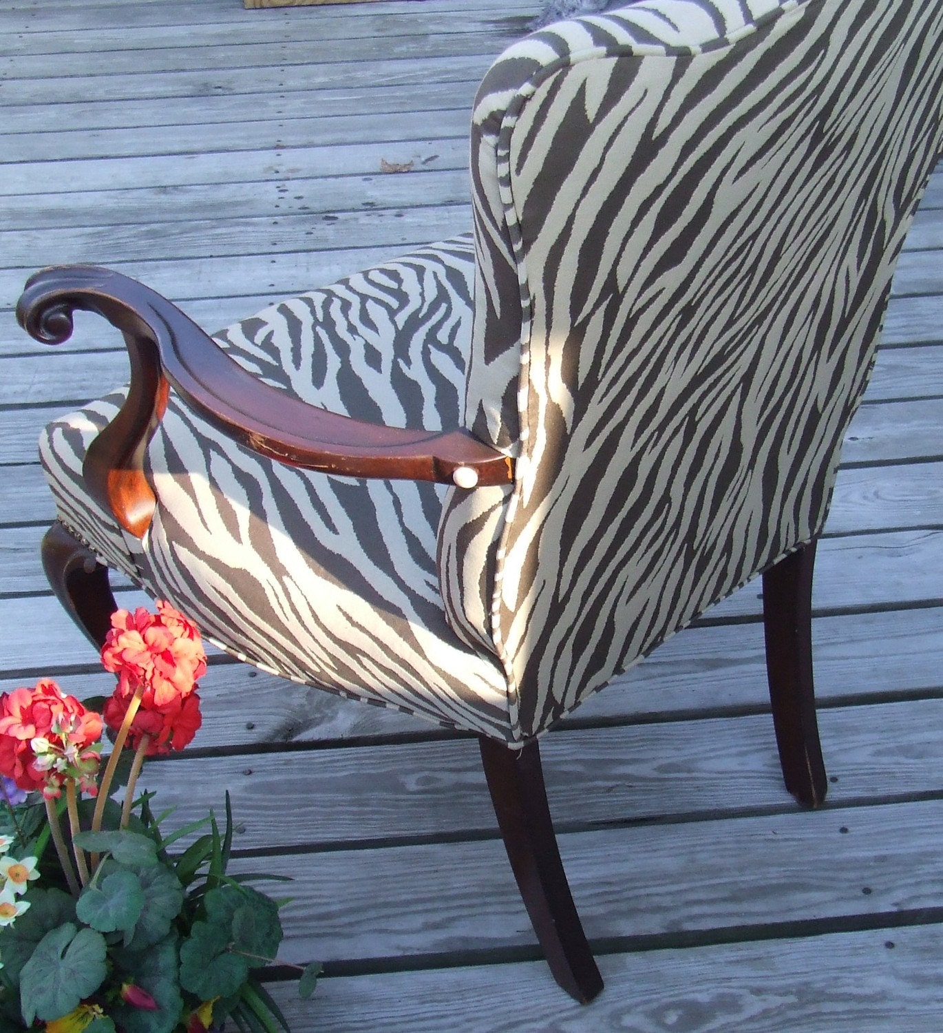 Antique French  walnut open arm chair - zebra upholstery fabric by Shabby Home Furniture at Etsy