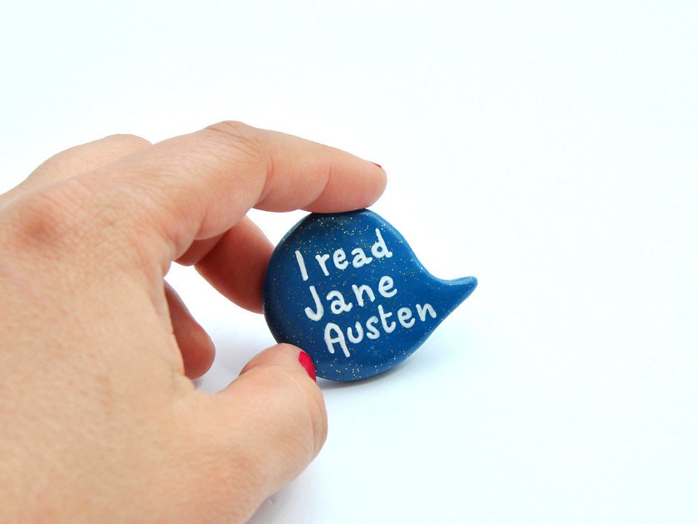 Jane Austen pin blue polymer clay brooch