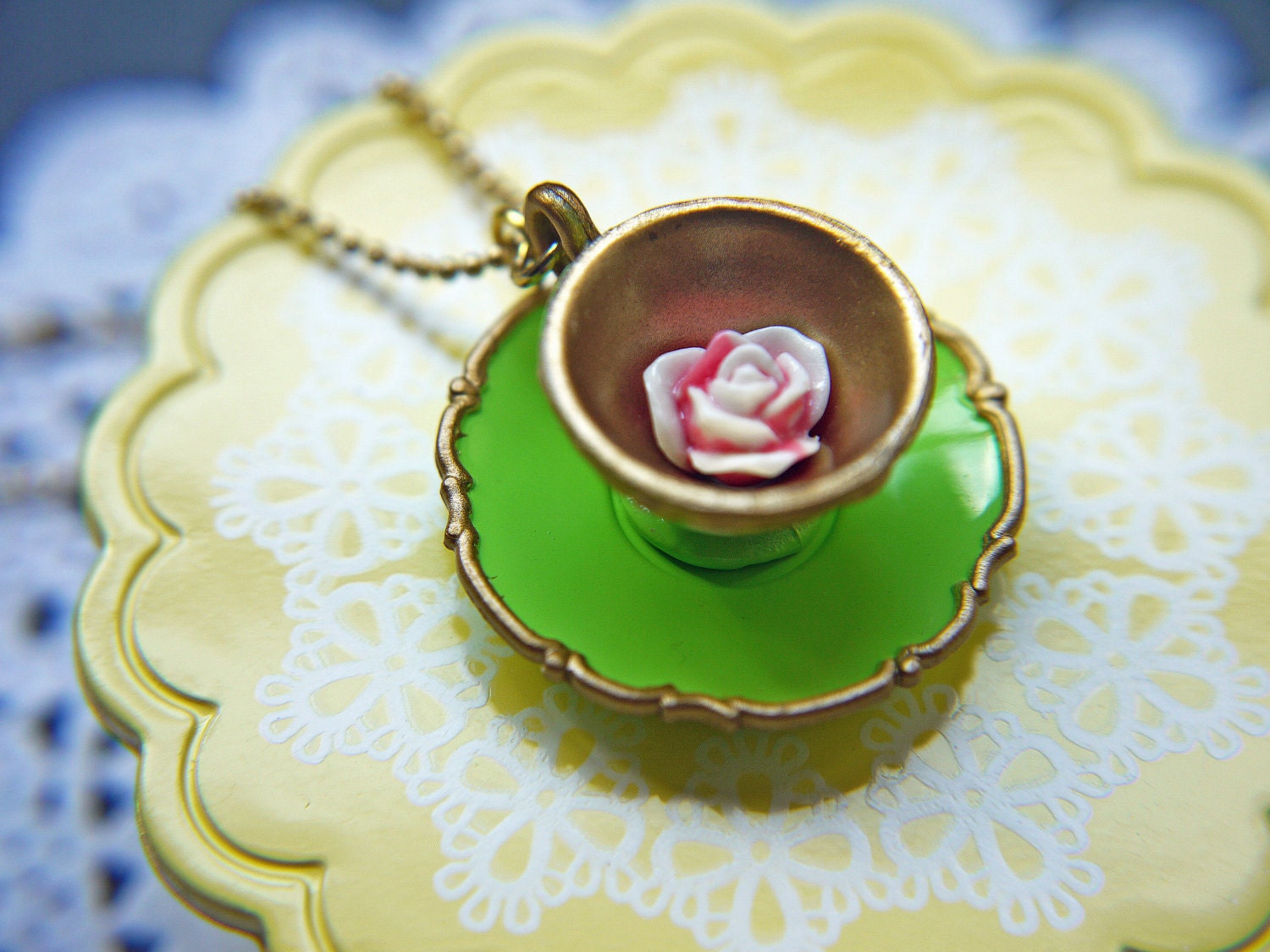 Lime Green Teacup Necklace. Princess Teacup. Rose Tea. Fairy Tale.