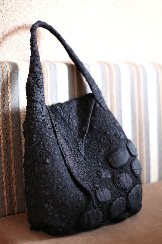 Nuno Felted Shoulder Bag OOAK Large Fall Fashion Black Red Felt Purse Textured Wool Handbag Unique Gift
