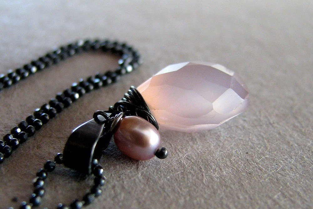 Pink Necklace, Chalcedony, Natural Pearl, Oxidized Sterling Handmade Wire Wrapped, New Mom, Sweetheart - Pink Baby