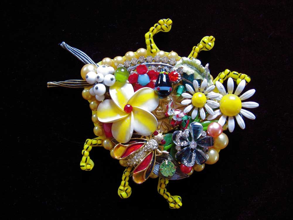 Vintage Jewelry Collage Sculpture Flower Power Ladybug Decorative Art
