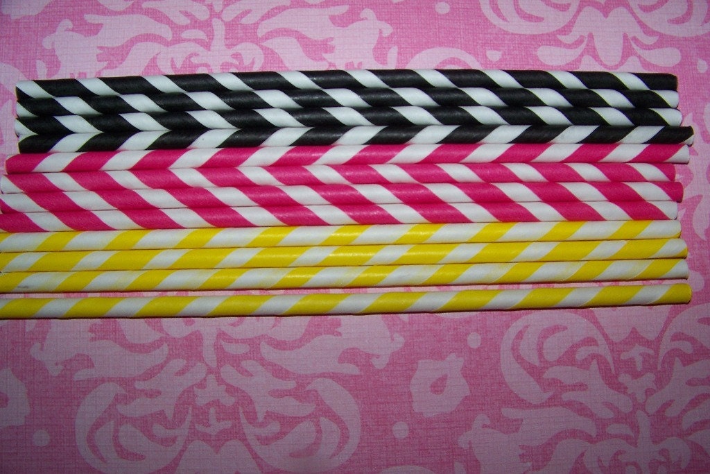 Paper Straws 30 Total With  10 Hot Pink/white, 10 Black/white, 10 Yellow/white "Free Straw Flags" Fast Ship