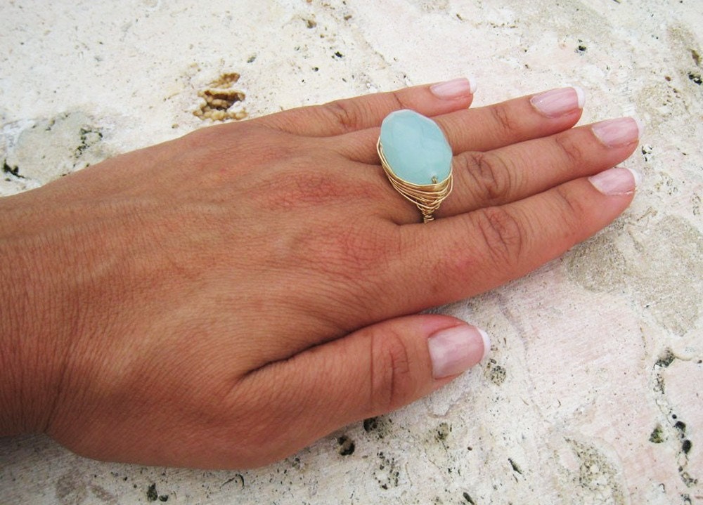 ST BARTS RING - Milky Turquoise Quartz and Gold Fill Ring - Summer Style