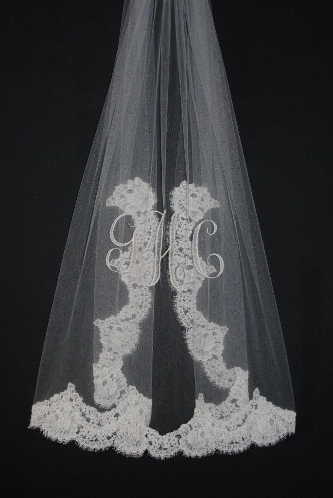 Monogrammed Michelle's Rose  Alencon Lace Edged Fingertip Length Veil