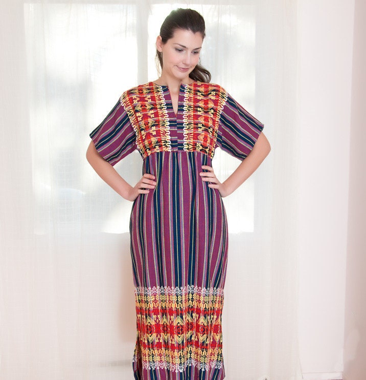 Vintage Woven Ethnic Dress - Purple and Blue Striped Dress - S