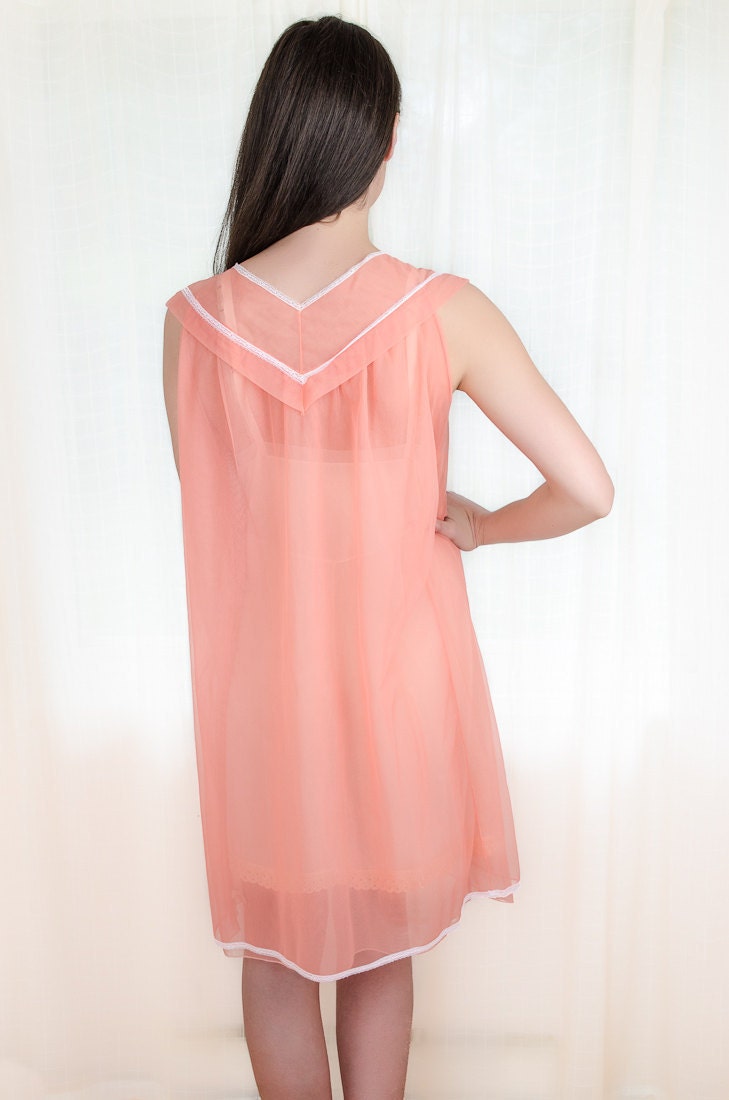 Babydoll Chiffon Nightgown - Vintage 1960s Lingerie - 60s Coral Pink Nightie - S / M