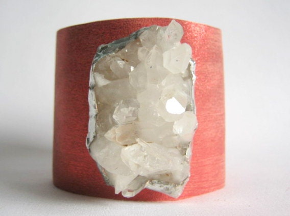 leather cuff bracelet - neon tangerine leather with quartz crystal geode size 1