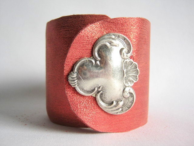 leather cuff bracelet - neon tangerine leather with quartz crystal geode size 1